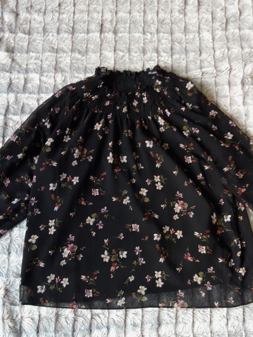 Madewell Black Floral Smocked Top with Red Accents